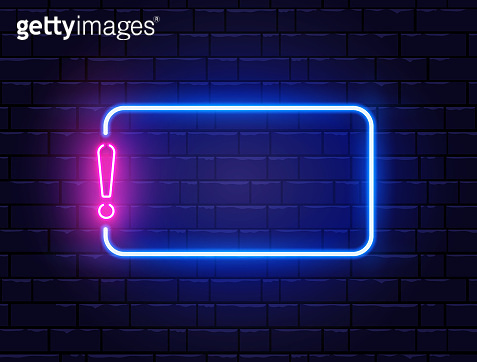 Neon quiz banner. Glowing exclamation mark. Color neon banner on brick ...