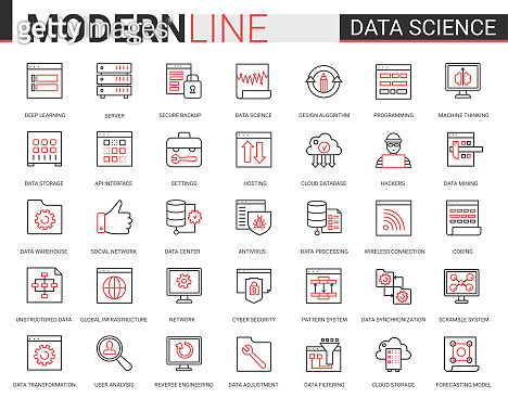 Data science thin red black line icon vector illustration set with ...