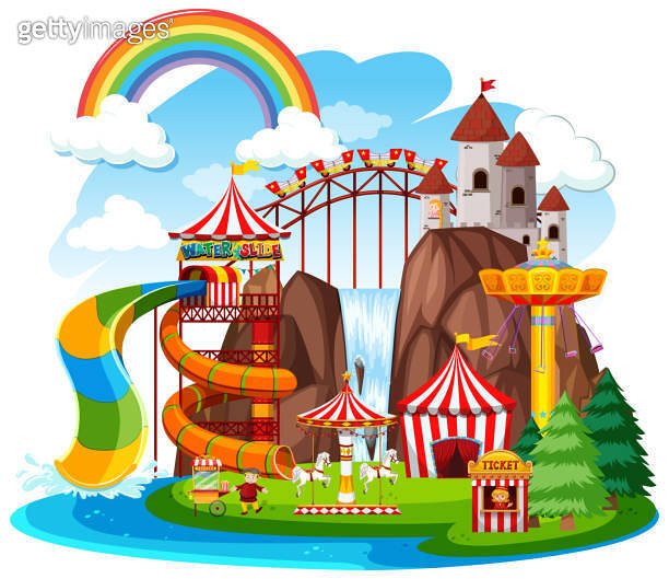 Waterfall Fair Rides Themepark scene with many rides by the waterfall 이미지 (1217338519) - 게티이미지뱅크