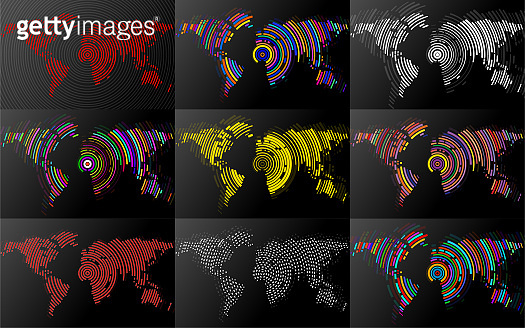 Set of abstract world maps with radial lines 이미지 (1205482296) - 게티이미지뱅크