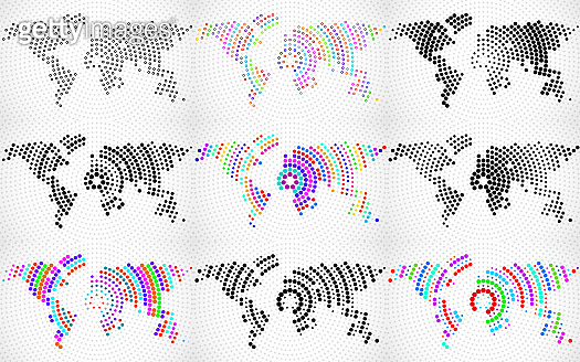 Set of abstract world maps with radial lines 이미지 (1205482276) - 게티이미지뱅크