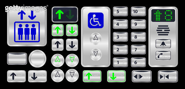 elevator button with braille sign isolated on black, silver metal