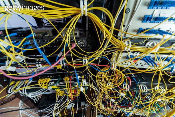 Server room with computers for internet. Network cables connected to ...