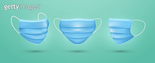 Set of medical face mask. Blue surgical mask template. Use respiratory ...