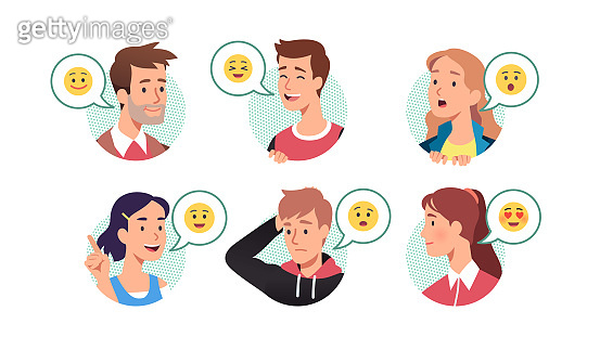 Men & women talking expressing emotions. Happy, surprised, questioning ...