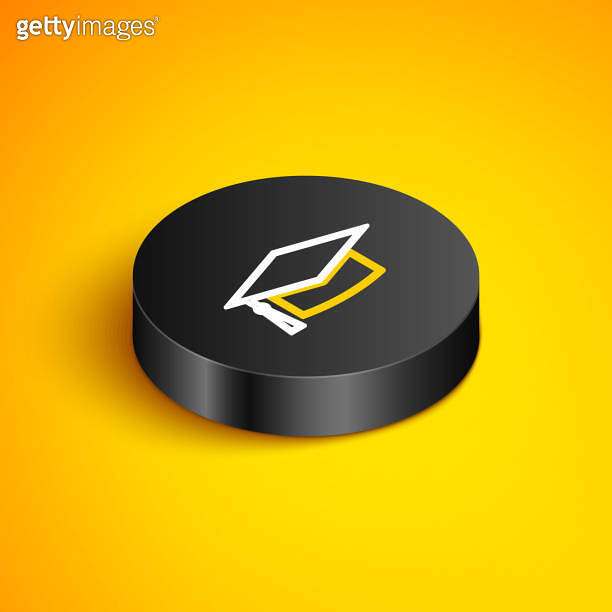 Isometric line Graduation cap icon isolated on yellow background ...