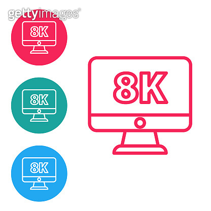 Red line Computer PC monitor display with 8k video technology icon ...