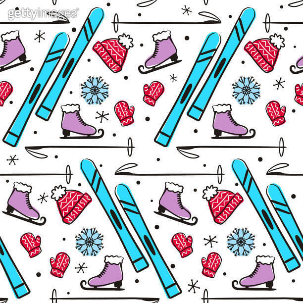 Seamless winter pattern with hand-drawn skates, skis and snowflakes ...