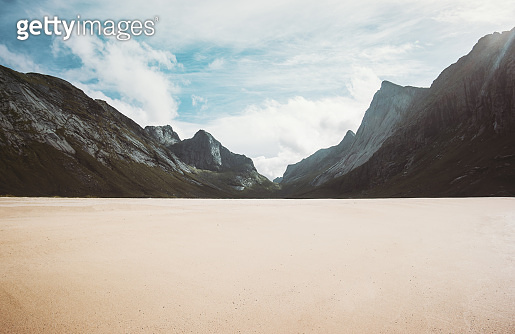 Horseid sandy beach in Norway mountains Landscape Lofoten islands wild ...