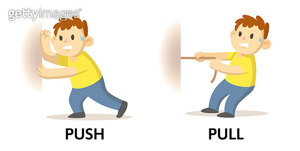Words push and pull flashcard with cartoon characters. Opposite ...