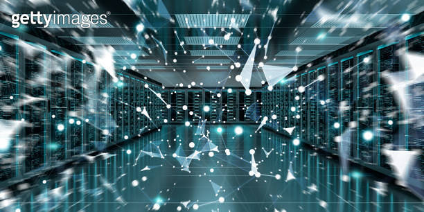 Server room center exchanging cyber datas and connections 3D rendering ...
