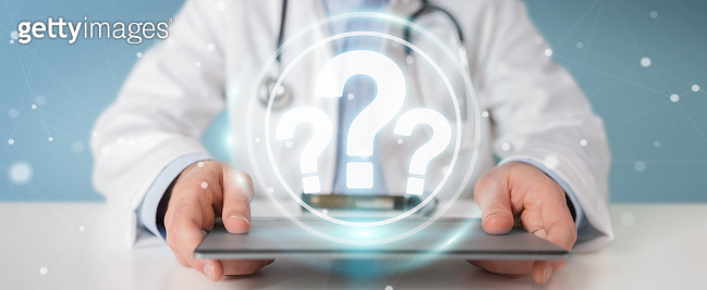 Doctor on blurred background using digital question marks interface 3D ...