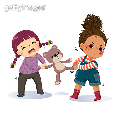 Vector illustration cartoon of two little girls fighting over a teddy ...