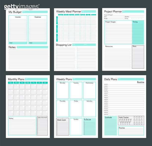 Vector planner template pages. Daily, weekly, monthly, project, budjet ...