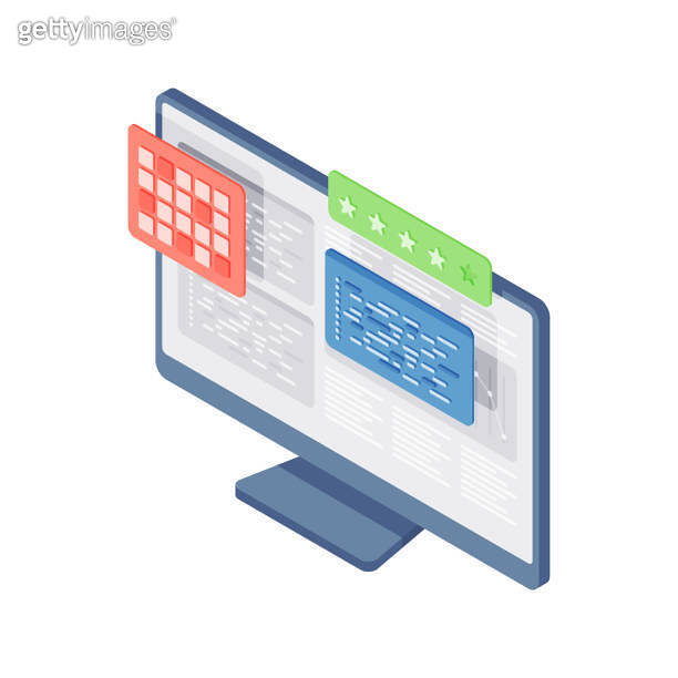 Coding Star Icon Website rating isometric icon. Monitor with quality stars and coding ...