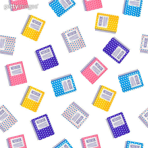 Vector cartoon seamless pattern with colorful notebooks on white ...