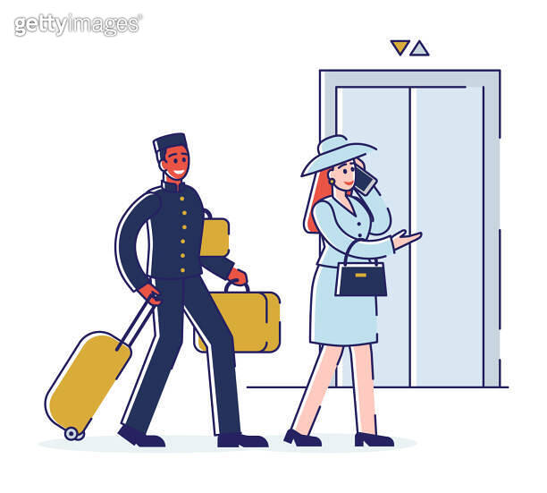 Hotel Service And Staff Concept. Porter is Escorting Business Woman To ...