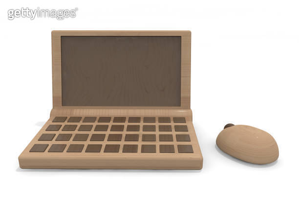 Wooden Computer Model Wooden laptop. PC and mouse. Wood texture. 3D rendering 이미지 (1222716049 ...