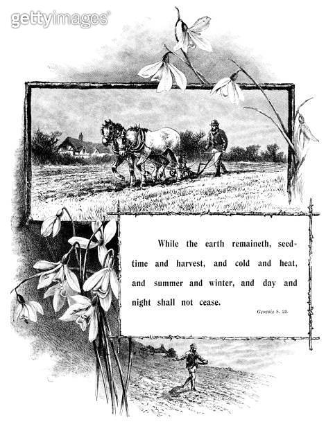 Biblical quotation (Genesis 8.22) with a farmer and snowdrops 이미지 ...