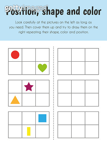 Position, shape and color Educational Sheet. Primary module for Memory ...