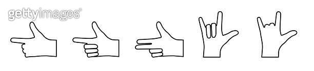 set of hand gestures with bent and pointing fingers. Icons in a linear ...