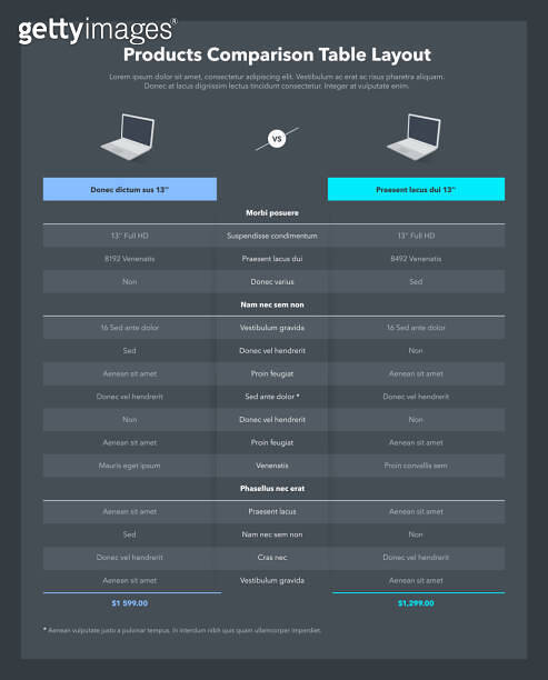 Two products comparison table layout with place for description - dark ... image.