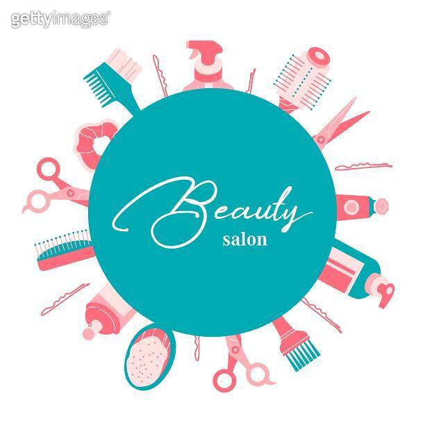 Colorful hairdresser tools and accessories, circle with text. Beauty