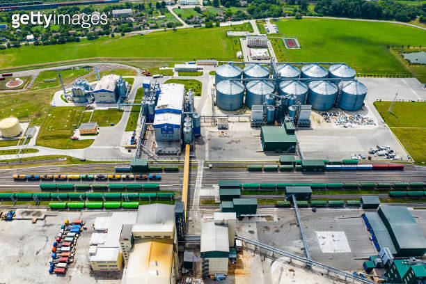 Bio gas station. Modern biofuel factory. Aerial view on biofuel plant ...