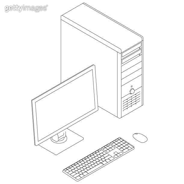 Contour of a computer with a system unit, monitor, keyboard and mouse