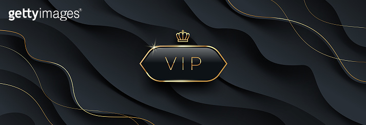 VIP black glass label with golden crown and frame on a black abstract ...