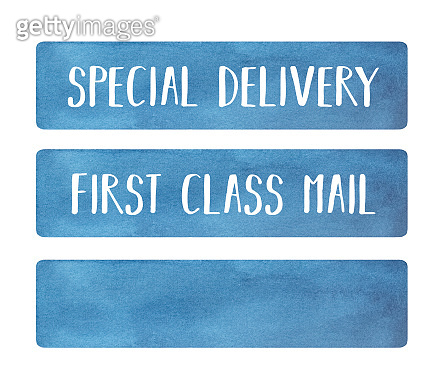 Blue Sticker set. Blank template and with English text variations ...