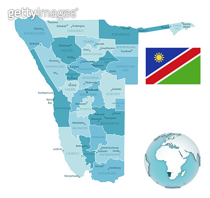 Namibia administrative blue-green map with country flag and location on ...