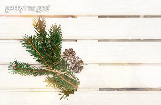 Christmas background with fir branches. Pine cones decor on the old ...