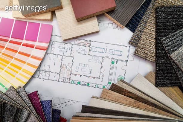 interior design materials and color samples with floor plan blueprint ...