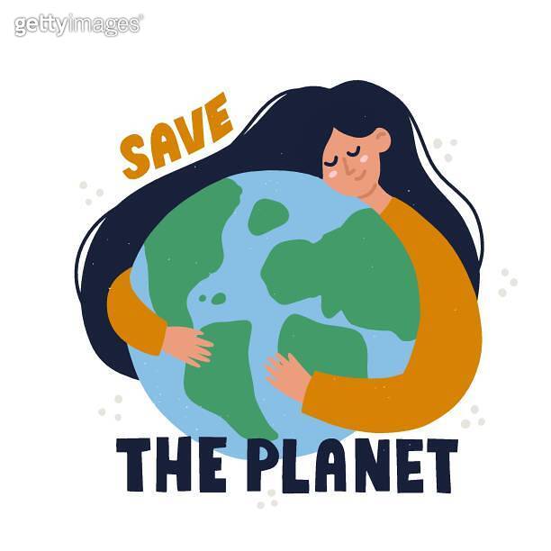 Girl cuddling planet earth illustration with save the planet lettering ...