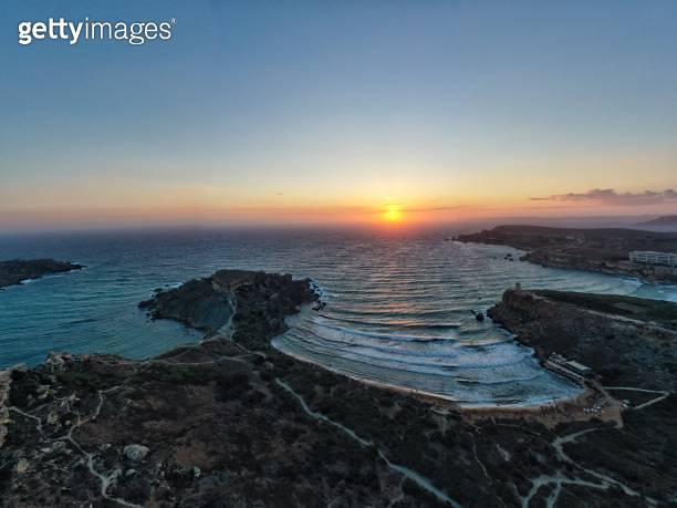 Golden Bay & Ghajn Tuffieha Beach at Sunset, Drone Aerial Photo - Malta ...