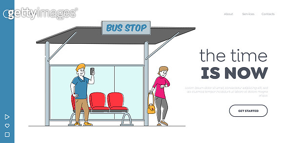 Message Bus Design Dwellers Characters on Bus Station Landing Page Template. Man Read ...