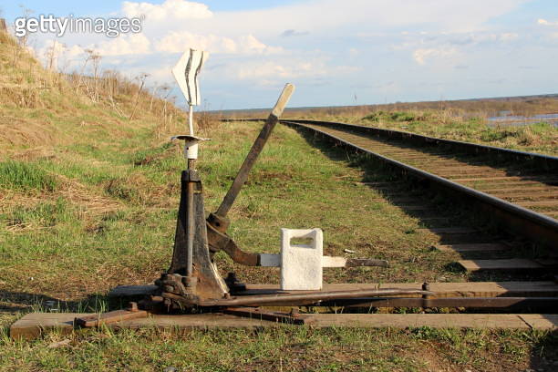 Railway arrow in black with a lever and pointer in Russia. The device ...