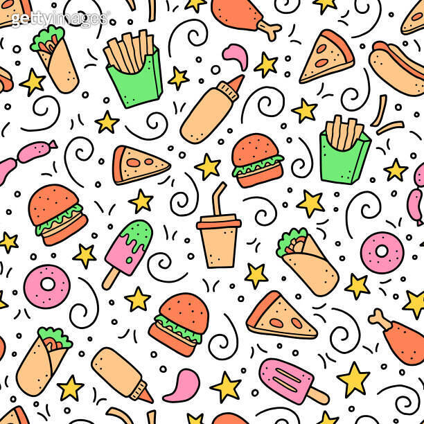 Hand drawn seamless pattern of fast food doodle. Vector illustration ...