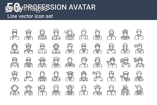 set of 50 profession avatar icons. outline thin line icons such as ...