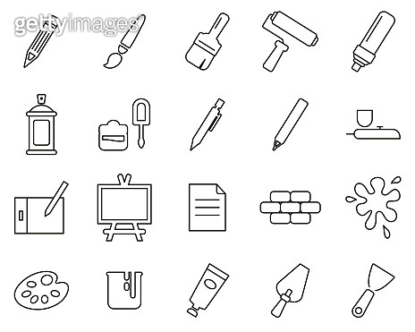 Painting & Art Equipment Icons Black & White Thin Line Set Big 이미지 ...