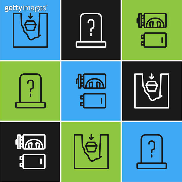 Set line Coffin in grave, Crematorium and Grave with tombstone icon