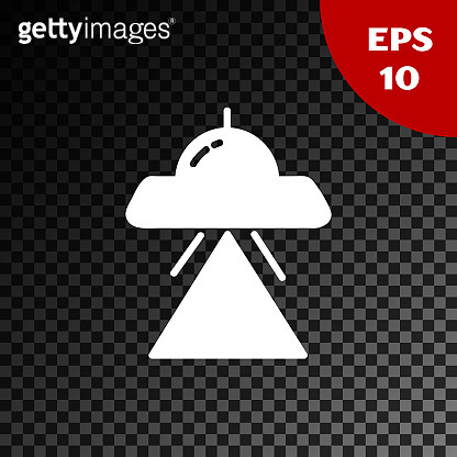 White UFO flying spaceship icon isolated on transparent dark background ...