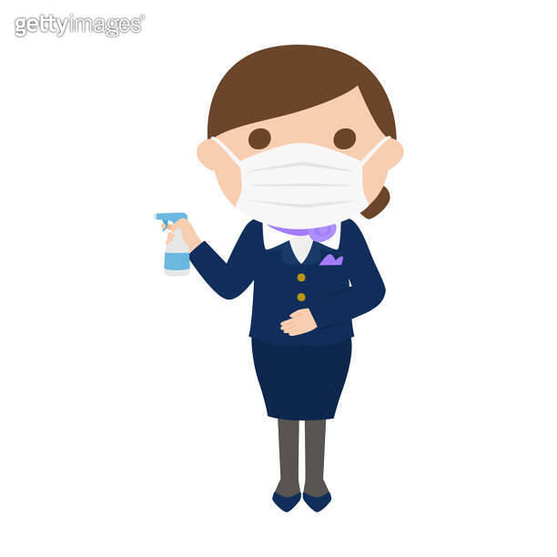 Masked female flight attendant for infection prevention. Illustration