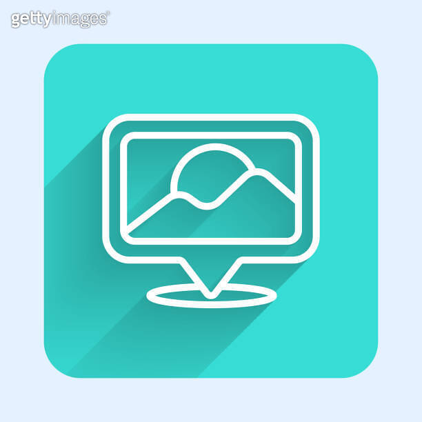 White line Map pin icon isolated with long shadow. Navigation, pointer ...