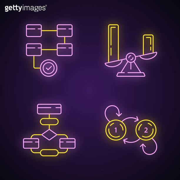 Diagram concepts neon light icons set. Activity, comparison, flow ...