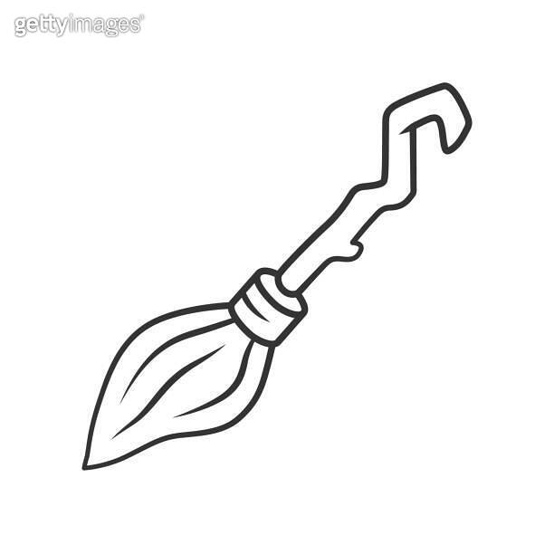 Witch broomstick linear icon. Thin line illustration. Magical broom