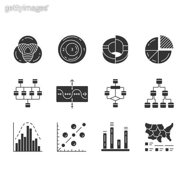 Diagrams glyph icons set. Schematic representation of info. Statistics ...