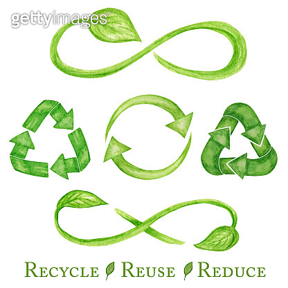 Green Recycled cycle green leafs icon, Infinity sign Watercolor hand ...