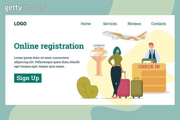 Traveler Using Computer Banner Online Registration Horizontal Banner Traveler App (1211211318) - 게티이미지뱅크